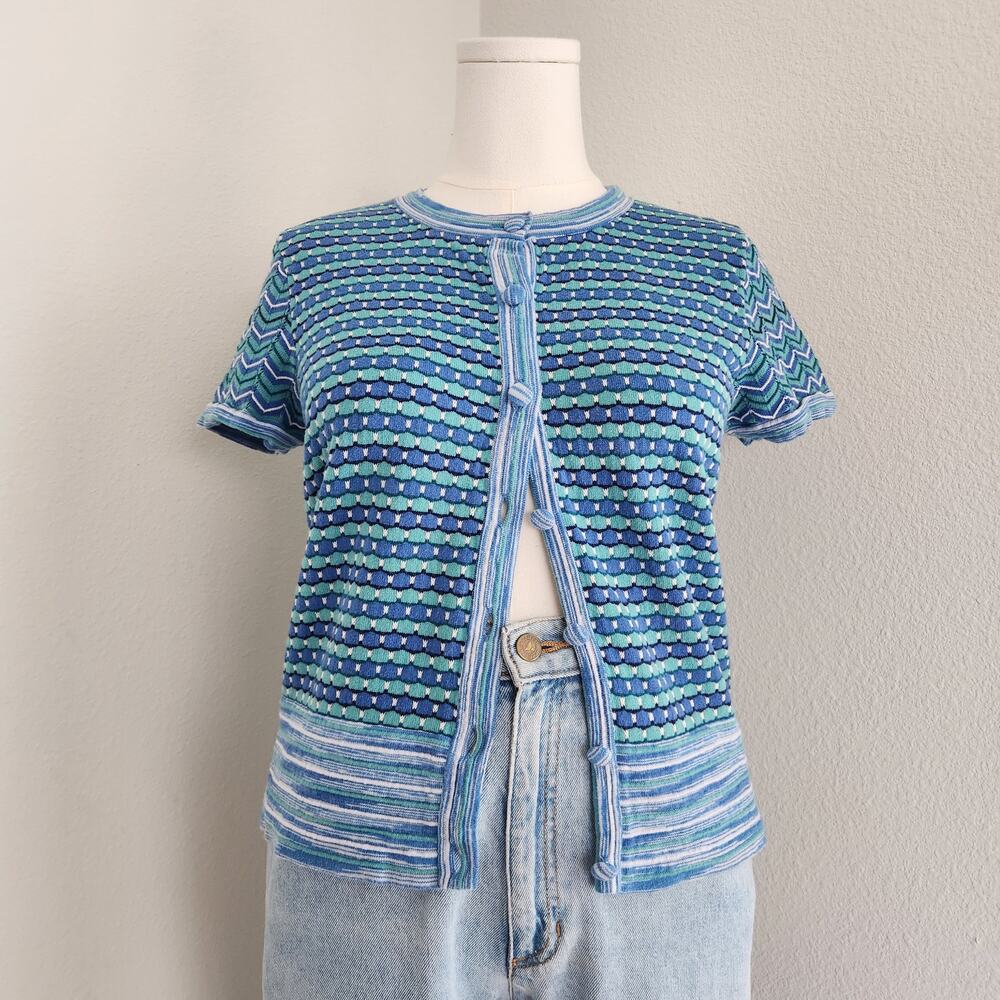 Vintage Y2K Liz Claiborne Blue Stripe Knit Button Up Short Sleeve Cardigan Top L